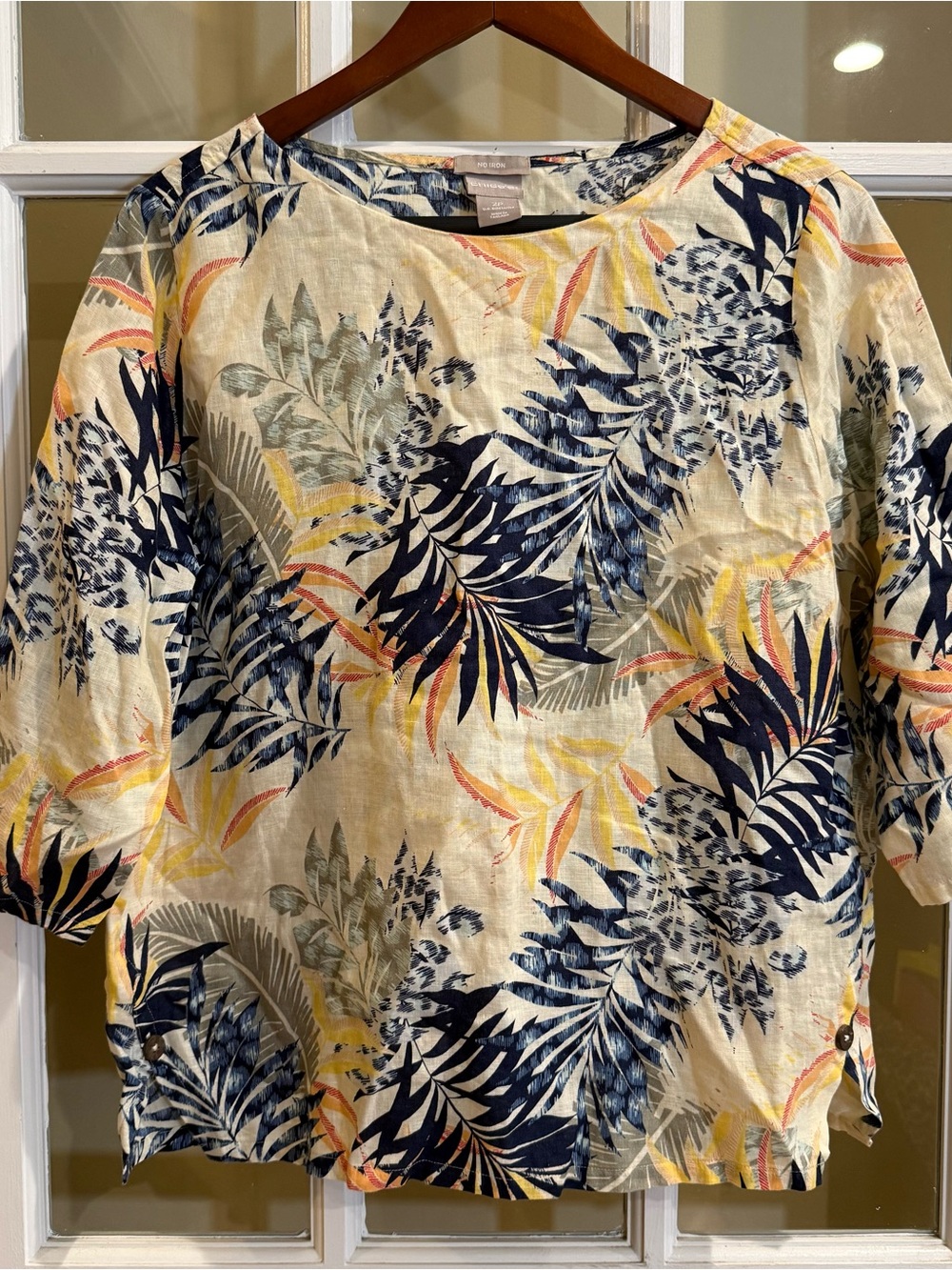 Chico's No Iron 100 Linen Solid Tunic Top 3/4‎ Sleeve Floral Cream Large Petite